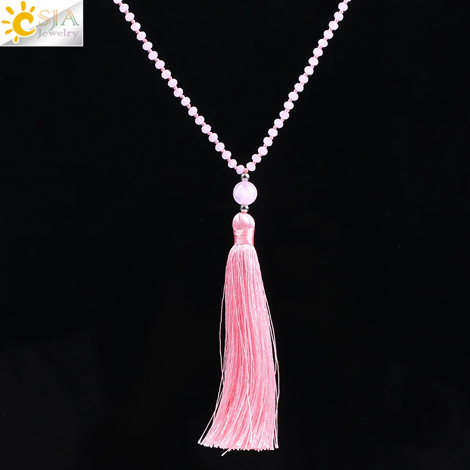

CSJA Women Girls Jewelry Solid Pink Faceted Crystal Bead Tassel Necklace Handmade Sweater Chain Sweet Color 4mm Tiny Beaded F184