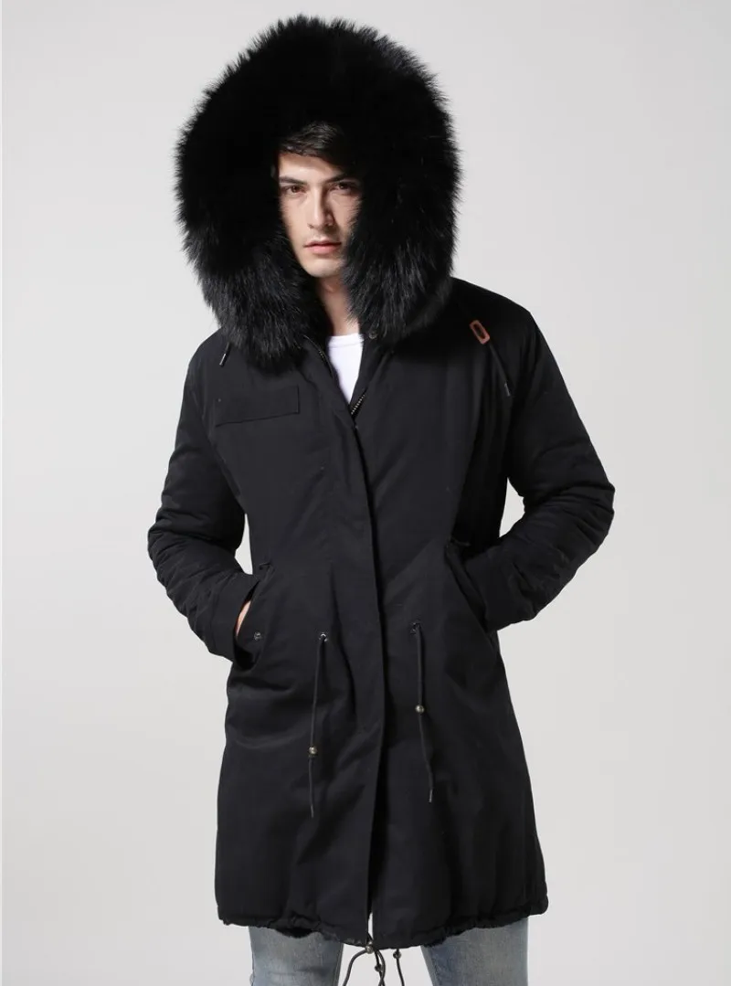 Новинка, Черная Мужская парка с капюшоном и воротником из натурального меха, утолщенная теплая меховая подкладка, зимнее пальто, длинные мужские куртки, большие размеры, S-4XL пальто