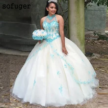 Небесно-голубое Sofuge тюль Холтер аппликации Пышное Бальное платье плиссированные бальные платья Quinceanera Vestido 15 Anos Festa