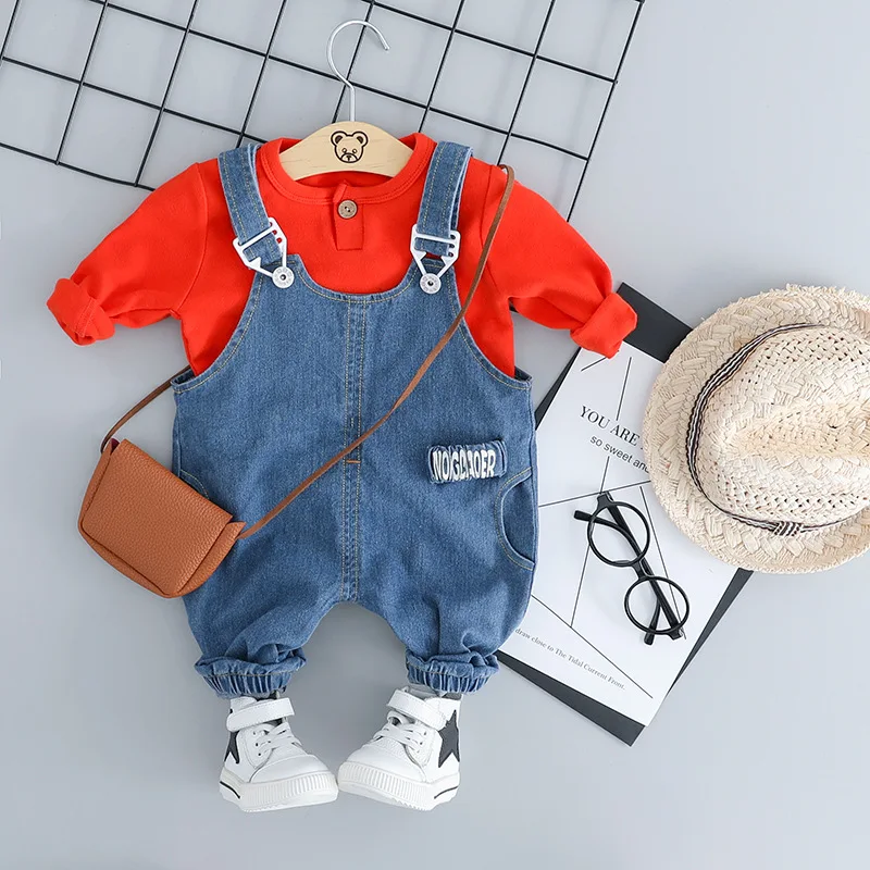 

2018 New Baby Boy Girls Clothing Sets Spring Autumn Baby Casual Solid color cowboy two-piece Strap Kids Clothes Suits