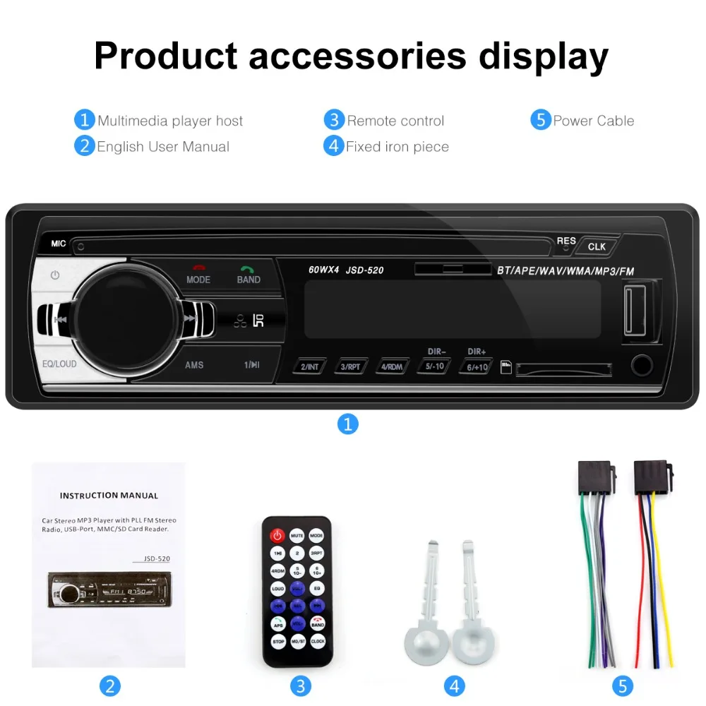 1 Din Car Radio Autoradio JSD-520 Auto Stereo 12v Bluetooth V2.0 Fm Aux Input Receiver 1din Car Audio SD USB Mp3 JSD 520