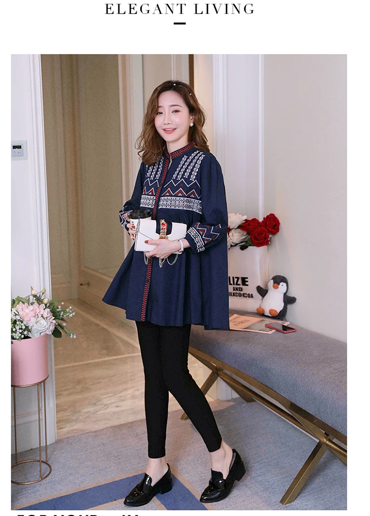 new loose embroidery pregnant women shirts plus size long sleeve v-neck single breasted cotton blouses maternity mini dress