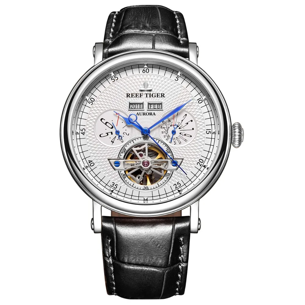 Риф Тигр/RT Лидирующий бренд механические часы для мужчин Роскошные турбийон часы из натуральной кожи ремешок вечный календарь часы RGA1903