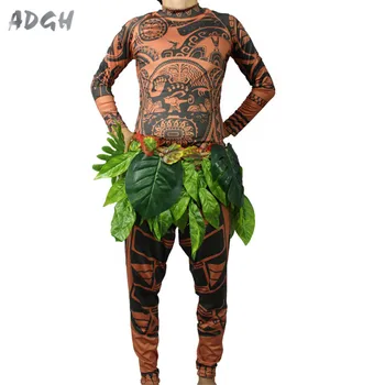 

Cartoon Movie Moana Maui Cosplay Costume Men's Fashion Halloween Carnival Top Full Sleeve Printed T-shirt + Pants + Grass skirt