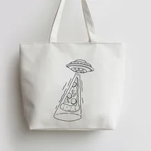 UFO and pizza unique alien Canvas Tote bags Cartoon Shopping bag school Shoulder Reusable Shopper Bag GA1083