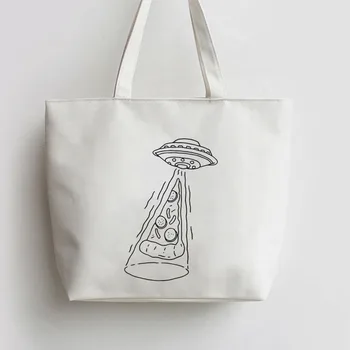 

UFO and pizza unique alien Canvas Tote bags Cartoon Shopping bag school Shoulder Reusable Shopper Bag GA1083