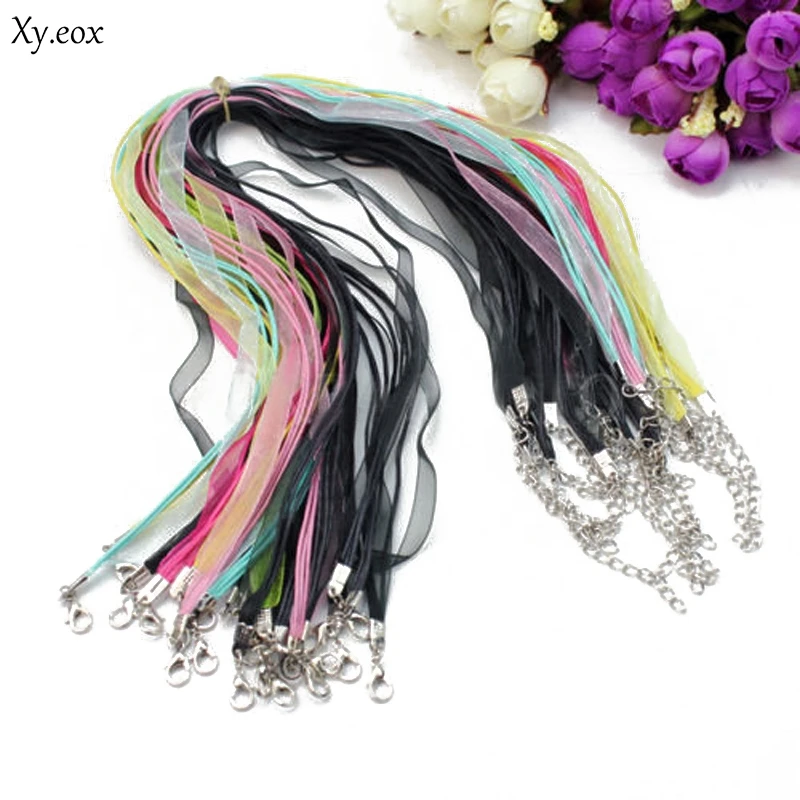 

10pcs Multi-color Organza Silk Ribbon Waxen Cord Lobster Clasp Necklaces