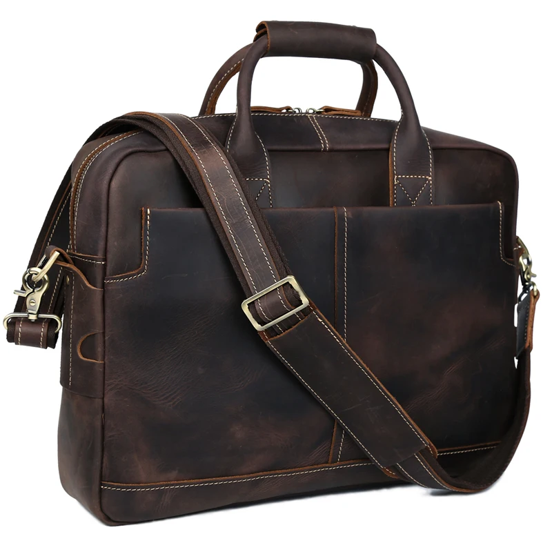 

TIDING top quality men briefcase vintage crazy horse leather messenger bag brown crossbody laptop handbag 10192