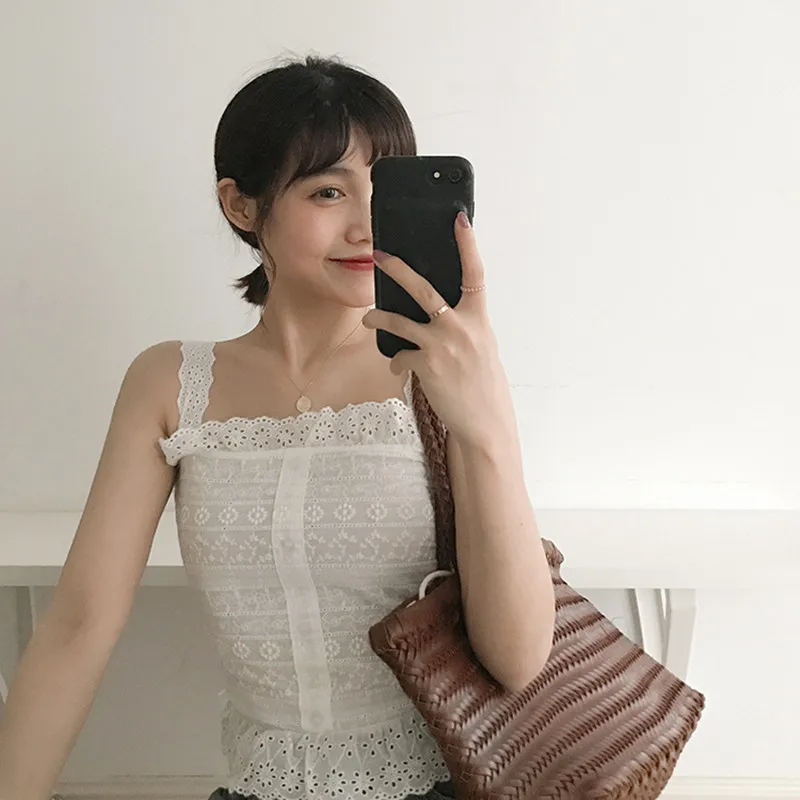 

tank tops tees women crop top Casual elastic top solid color beach summer white lace tops female (F3724