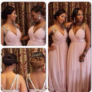 

Sexy V-Neck Beads Chiffon Bridesmaid Dresses A-Line Sequins Black Girl Long Maid Of Honor Dress Evening Party Gowns Formal Prom
