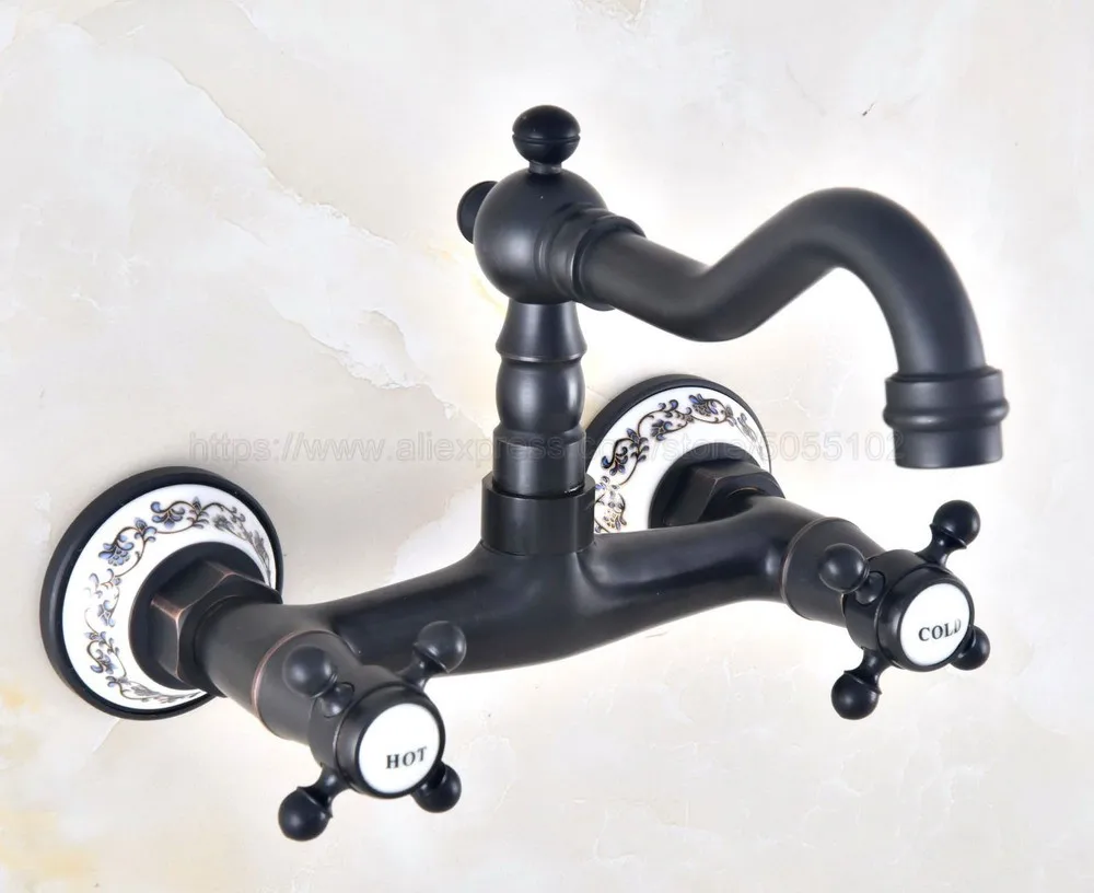 Oil Rubbed Bronze Wall Mounted Bathroom Sink Faucet Swivel Spout Bathtub Mixer Dual Handles znf461