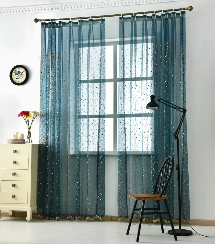 

Living Room Bedroom Blue Embroidered Sheer Tulle Curtain White Voile Curtains Fabric Drapes Window