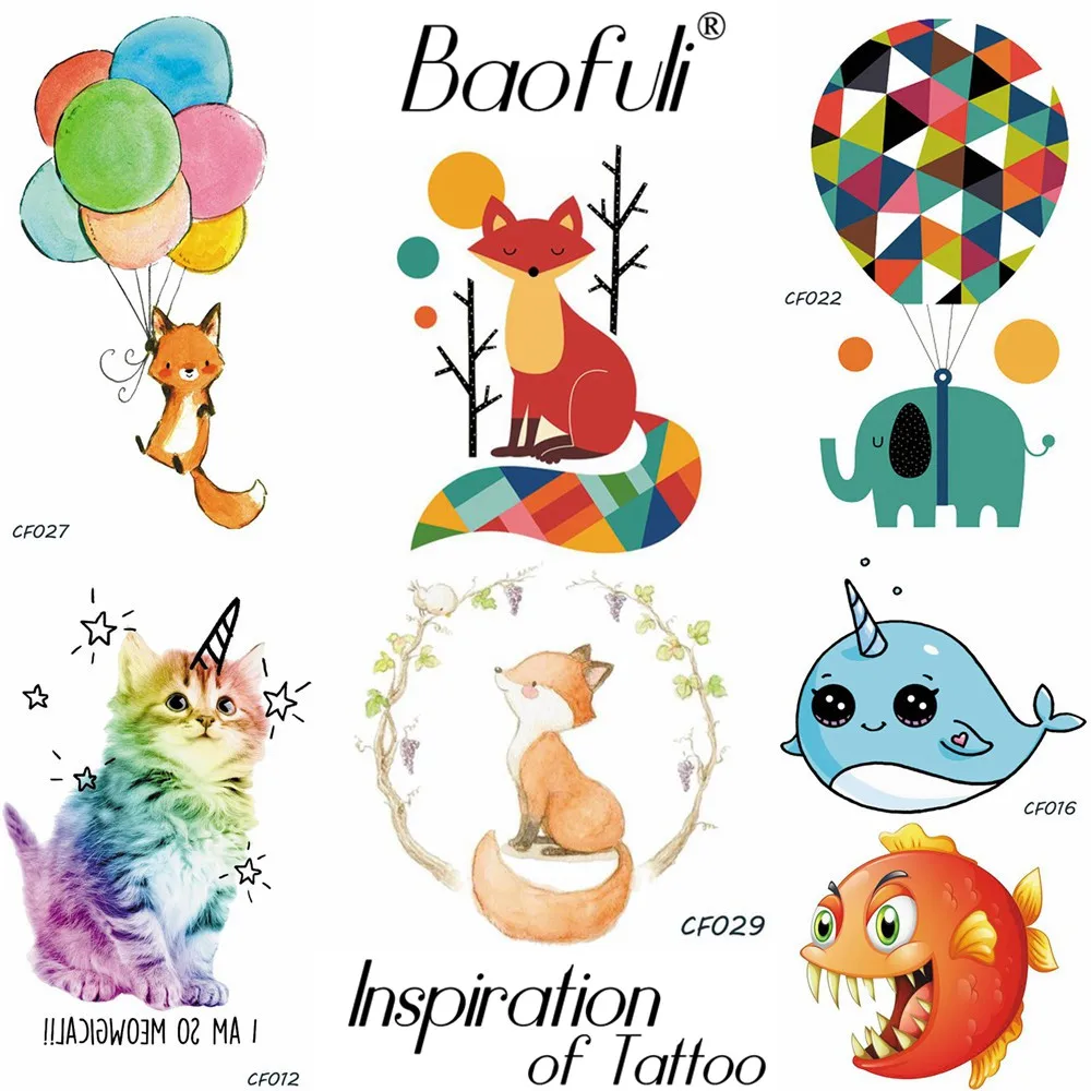 

Baofuli Fox Cartoon Diamond Tree Ballon Temporary Tattoo Waterproof Geometric Painting Art Tattoo Elephant Fake Tatto Children