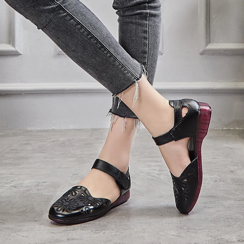 Г. новые удобные сандалии на плоской подошве с круглым носком летние сандалии из натуральной кожи женская обувь среднего возраста повседневные модные сандалии - Цвет: Черный