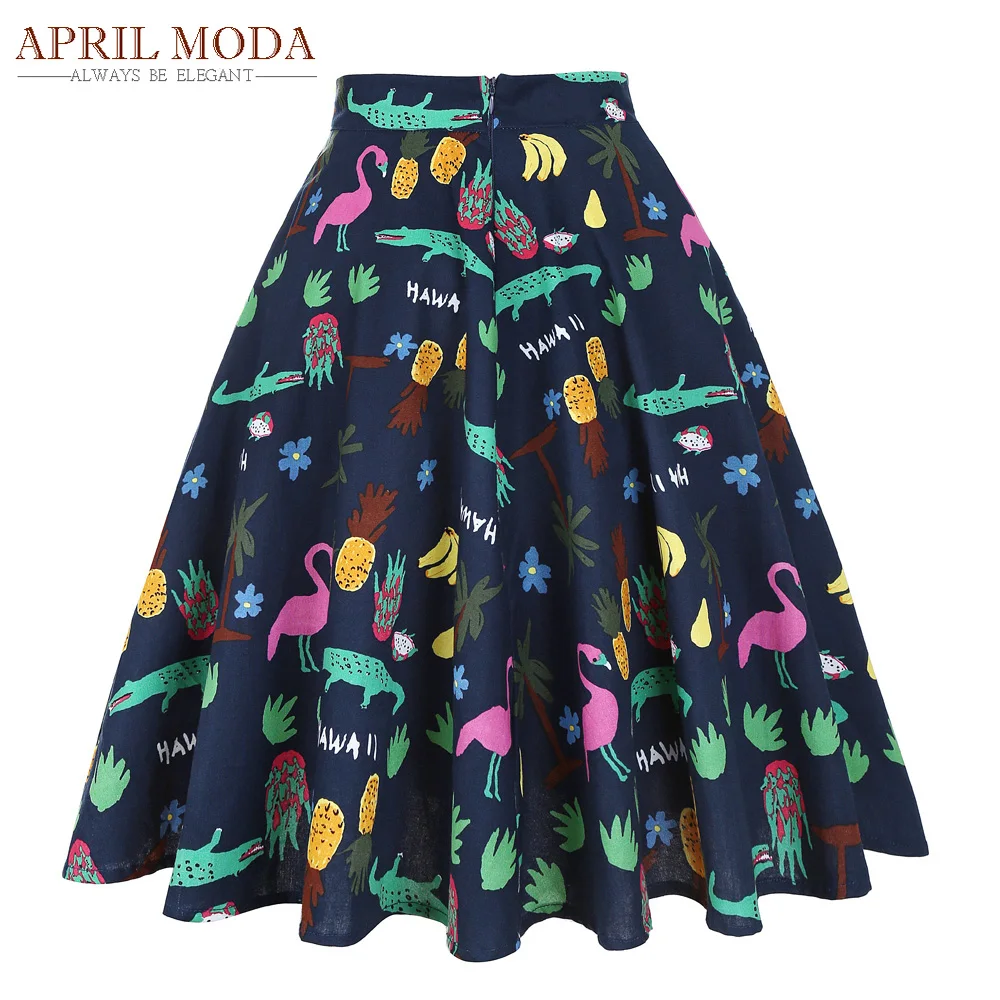 High Waist Flamingo Printed Big Swing Vintage Skater Skirts Retro Runway Womens Sexy Pinup 50S Cotton Rockabilly Skirts Summer Skirts