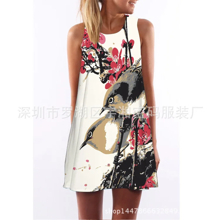 

Summer Beach Chiffon Dress Lady Sexy O-neck Bohemian A-Line Dresses for Women Flower Bird Printing Loose Dresses