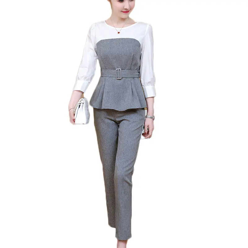 

Autumn Outfit New Women Office Clothes Two-Piece Stripe Korean Fashion Belt Blouse Top & Slim Pants Suits Vestidos S-XL Size