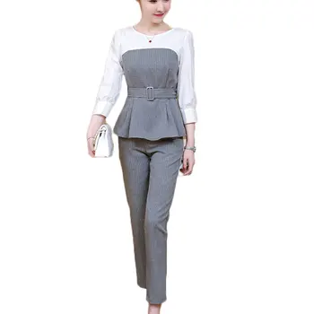 

Autumn Outfit New Women Office Clothes Two-Piece Stripe Korean Fashion Belt Blouse Top & Slim Pants Suits Vestidos S-XL Size