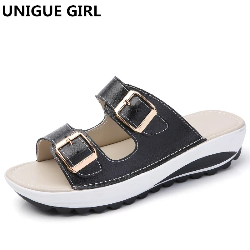 

UNIGUE GIRL Women Buckle Sandals New Thick Leather Shoes Woman Platform Summer Women Bright Open Toe Beach Sandals Ladies Shoes