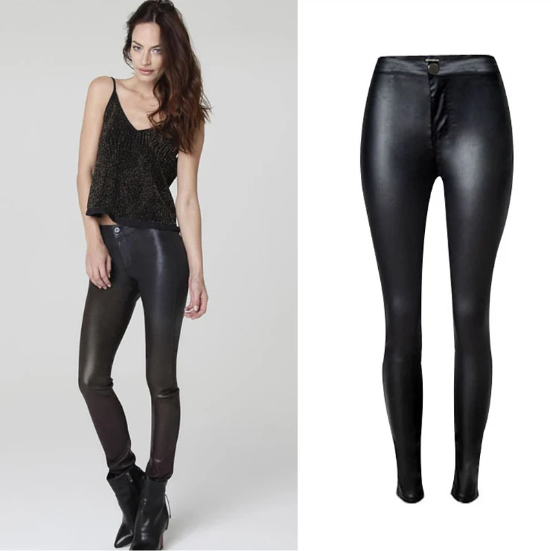 Olrain Women Sexy High Waist Zipper Faux Leather Black Skinny