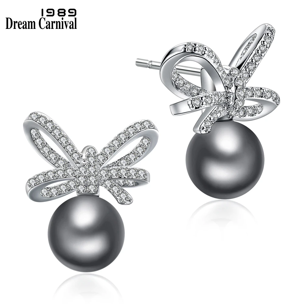 

DreamCarnival 1989 Bow Knot Design Synthetic Pearl High Quality Zircon Paved Wholesales Discount Jrincos Stud Earrings WE3671