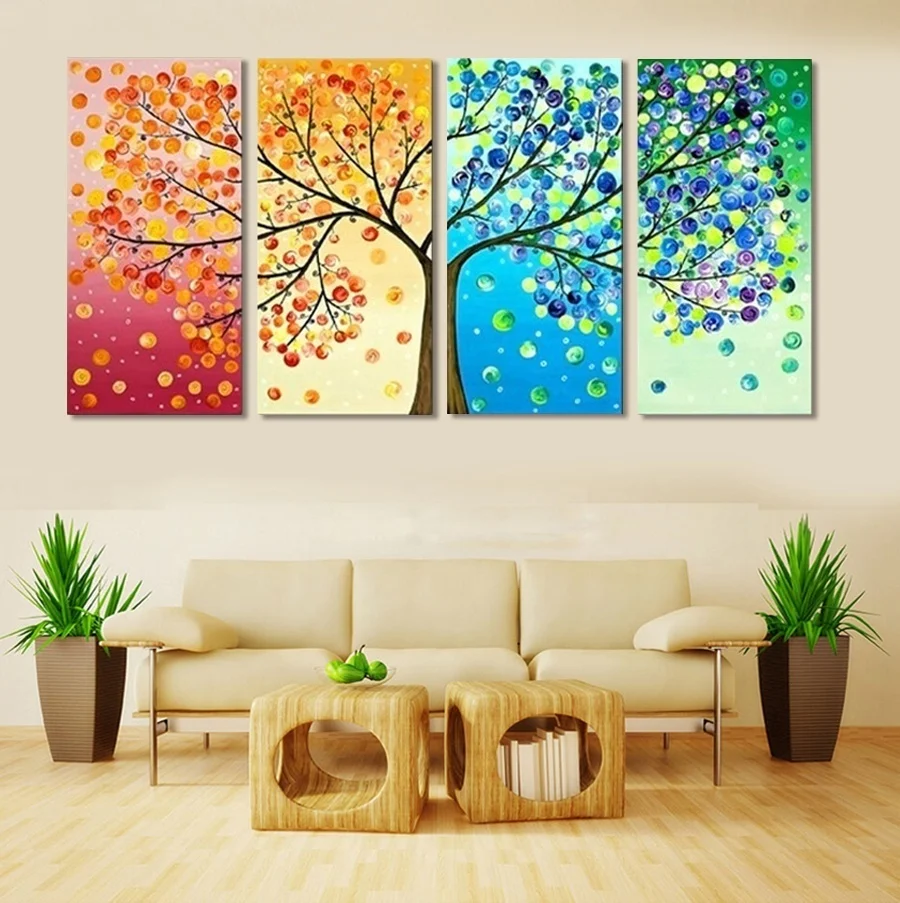 

4 Piece Colourful Leaf Trees Canvas Painting Wall Art Spray Wall Painting Home Decor For Living Room Modular Picture