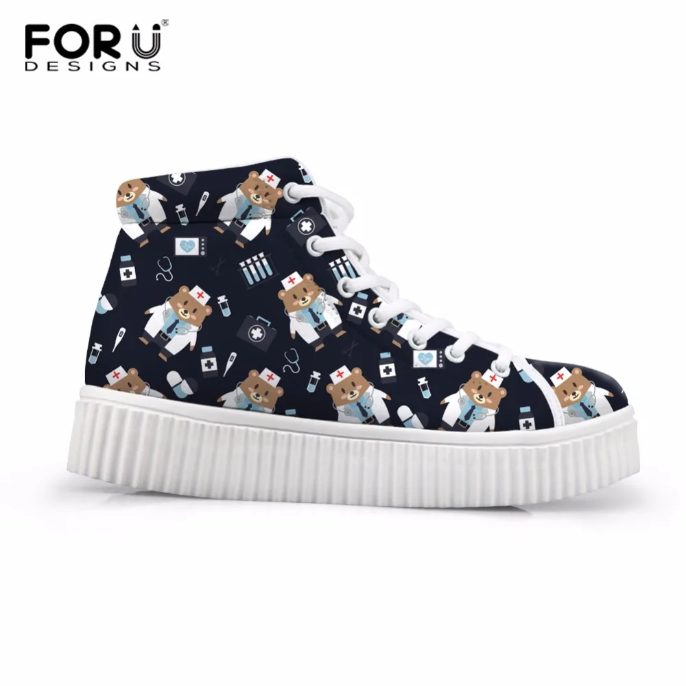 

FORUDESIGNS Womens High Top Platform Shoes Cute Nurse Bear Printed Shoes for Ladies Casual Lace-up Shoes Flats Platform Shoes