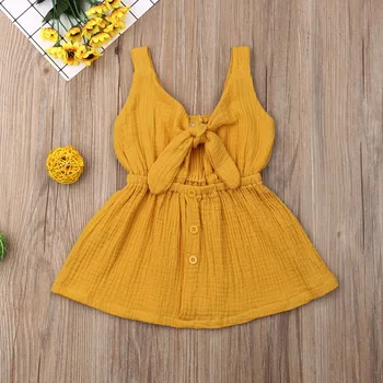 

Pudcoco Summer Toddler Baby Girl Clothes Solid Color Sleeveless Strap Ruffle Cotton Dress Button Bowknot Casual Sundress