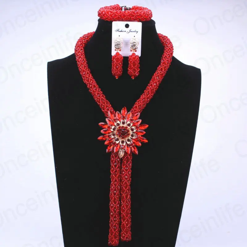 

2017 Red Nigerian Trendy Crystal Necklace Set Crystal Bead Women Party Necklace Set African Beads Jewelry Set Free Shipping Hot