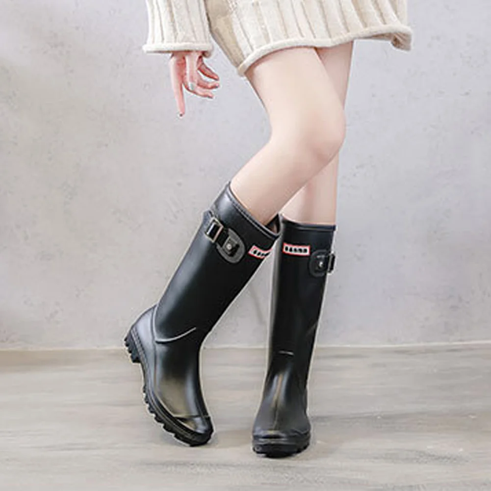 

Women Wellington High Insulated Waterproof Rain Boots Round Toe Buckles Winter Block Heel Warm Lined Pull-on Cold Weather