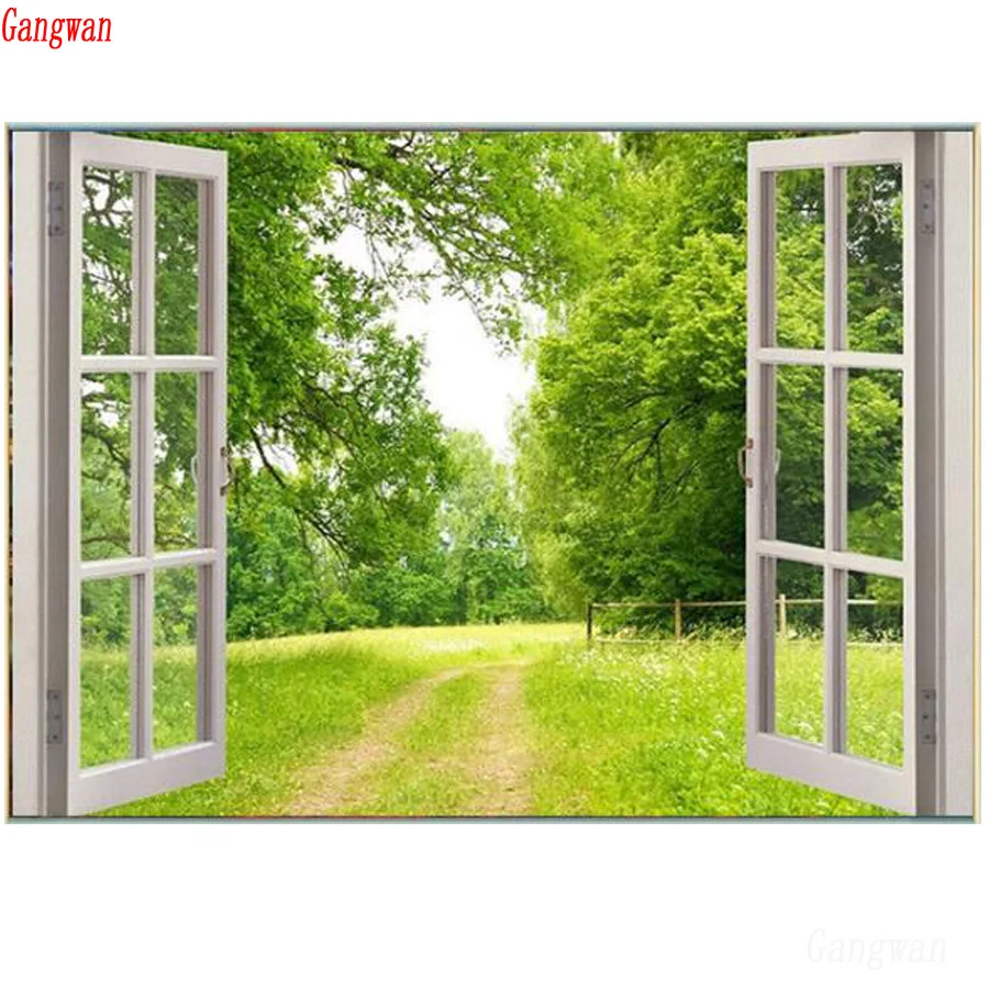 Diamond Painting green tree Full Square round Diamond Embroidery Sale 5D window outside Landscape Picture Rhinestone Diamond Mosaic