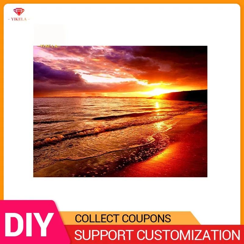 

YIKELA 5D DIY Diamond Painting Scenery Sunset Beach Full Drill Round Stitch Picture Mosaic Embroidery Diy Display Festival Decor