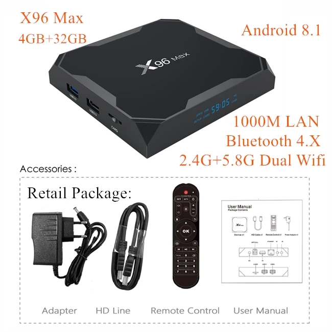 TSINGO X96 Max tv Box Amlogic S905X2 четырехъядерный LPDDR4 4G 64G 2,4G/5,8G двойной Wifi Android 8,1 Bluetooth 1000M 4K HD медиаплеер - Цвет: X96 Max 4GB 32GB