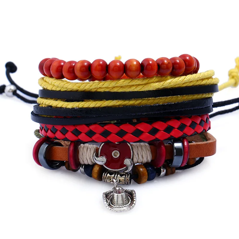 

4Pcs/Lot Anime Naruto Leather Men Bracelets Bangles Women Rope Bracelet Male Braslet Femme Pulseiras Red Beads Bracelets Gifts