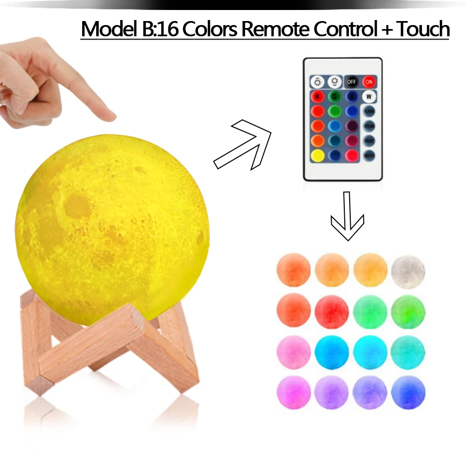 Перезаряжаемые 3D печать Луны светильник с регулируемой яркостью, волшебный светодиодный луна ночь светильник зарядка через usb 2/16 Цвет изменить сенсорный Управление домашний декор