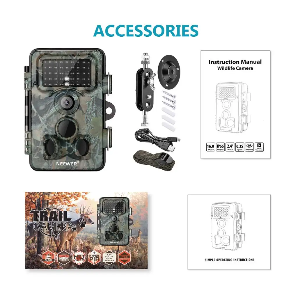  Neewer Trail Game Camera 16MP 1080P HD Digital Waterproof Hunting Scouting Cam 120 Degree Wide Angl