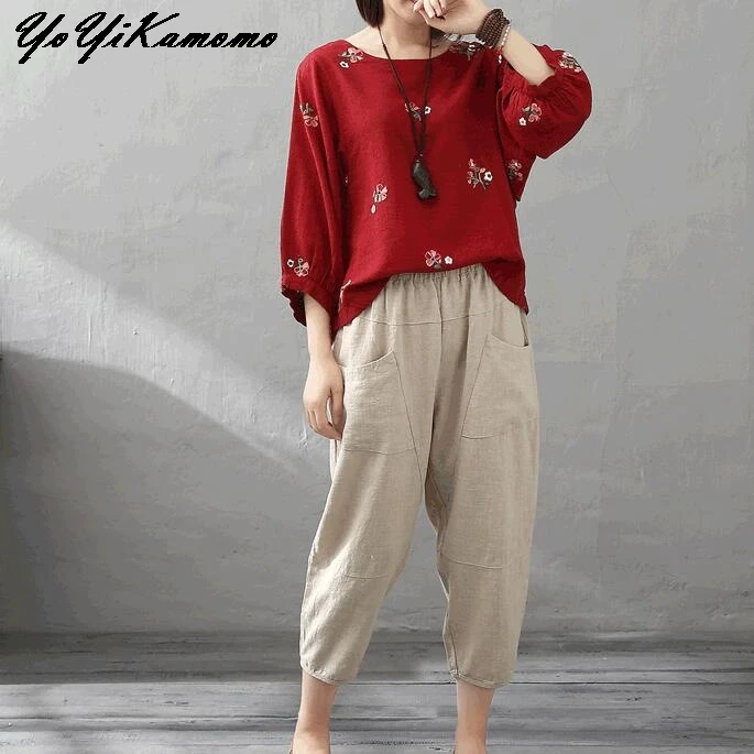 

YoYiKamomo Cotton Linen Shirt Vintage Mori Girl Tops 2018 Summer Embroidery Flower Lantern Sleeve Loose Women Blouse