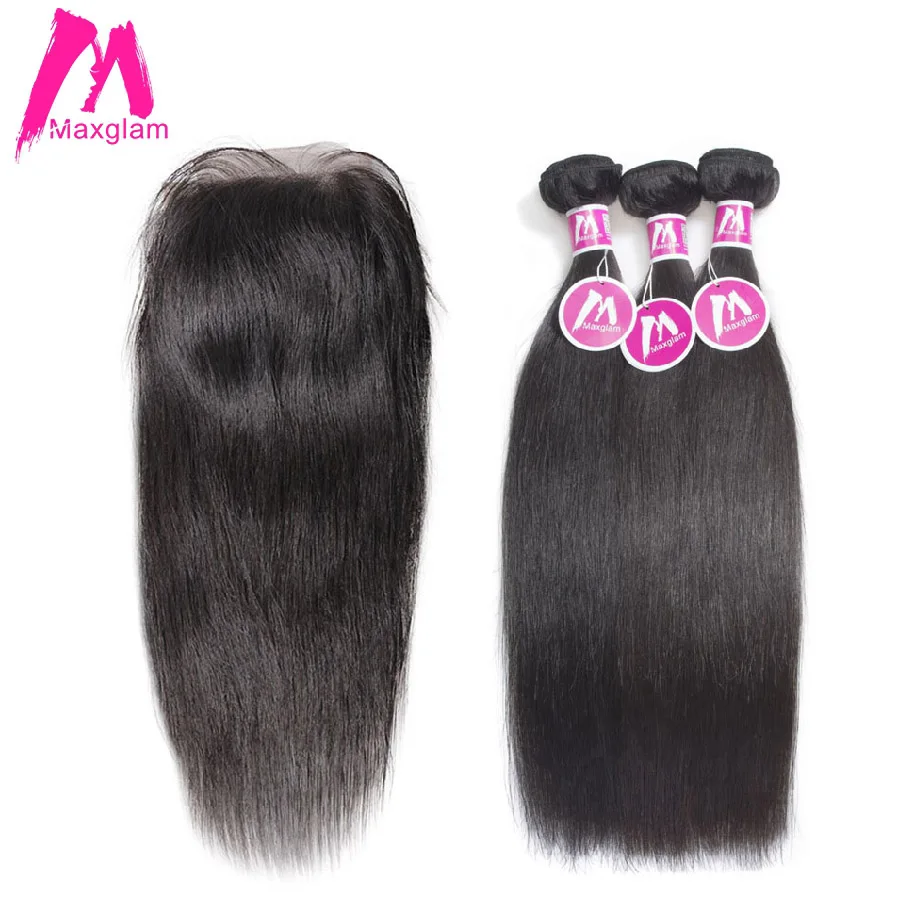

Maxglam Malaysian Human Hair Bundles with Closure Straight 3 Hair Bundles with Closure Remy Hair Extension Free Shipping