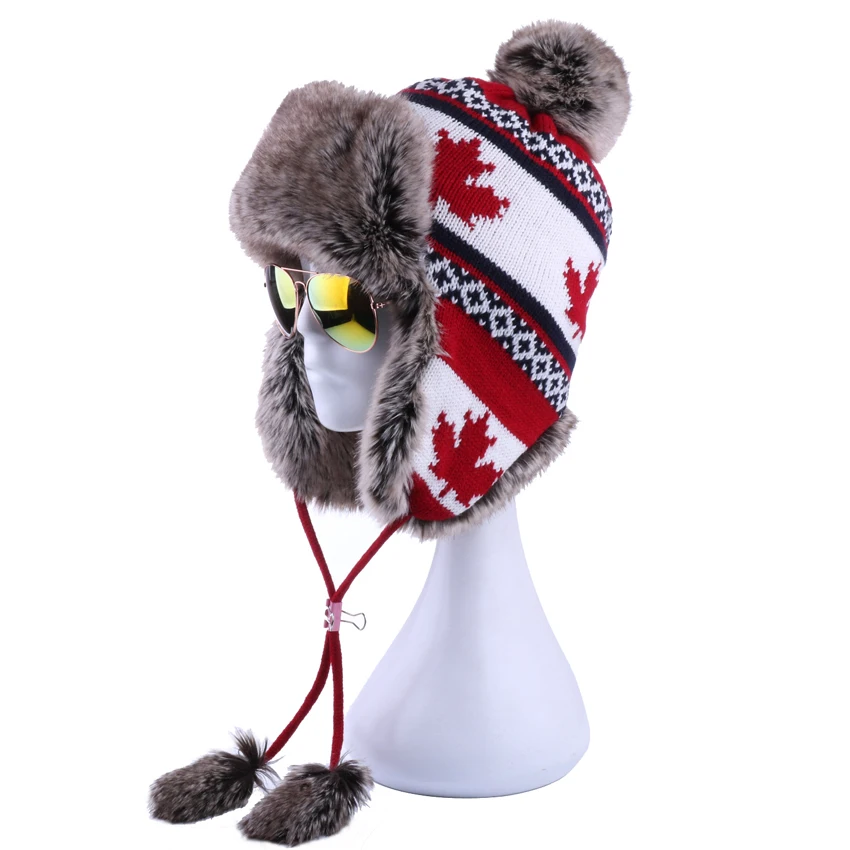 Women Faux Fox Fur Pompom Russian Ushanka Wool Knitted Earflap Bomber Trapper Hat Winter Snow Ski Cap Maple Leaf Pilot Trooper