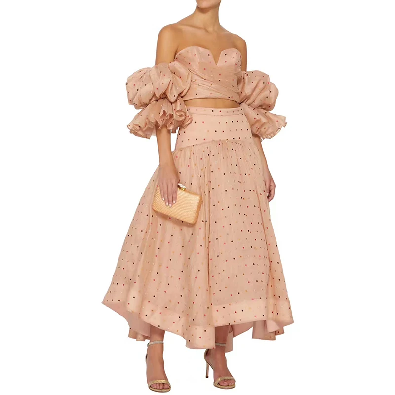 

HIGH STREET New Stylish 2019 Designer Runway Suit Set Women's Off The Shoulder Dot Print Tops Asymmetrical Skirt Set