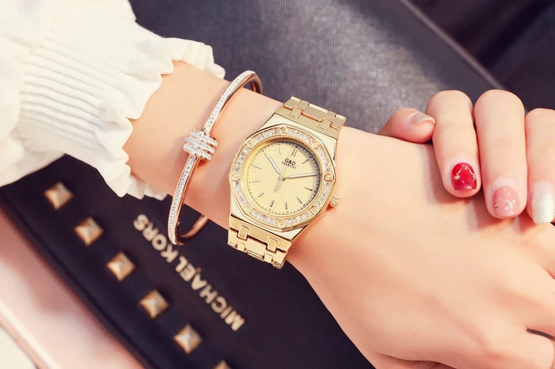 G-080! брендовые новые модные золотые женские наручные часы с цепочкой из нержавеющей стали, кварцевые часы