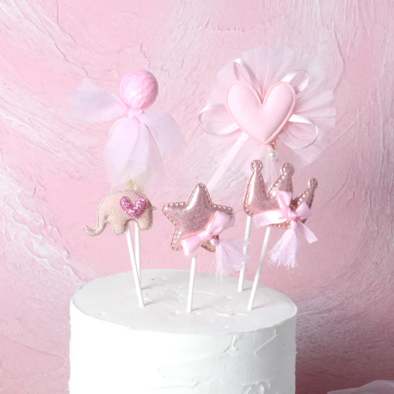 

New Pink Crown Star Heart Cake Topper Set Birthday Cake Cupcake Decorations Baby Shower Kids Girl Wedding Party Favor Supplies