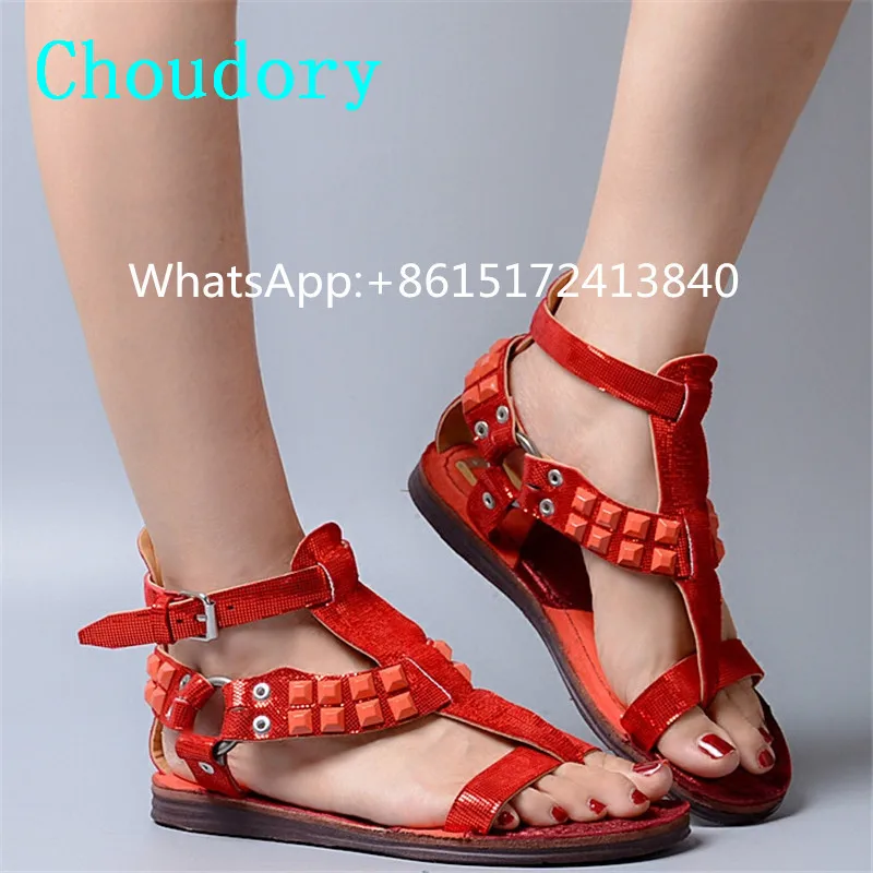 Choudory Lace-Up Leather Casual Ankle Strap Mixed Colors Flats Sandals Rivet Shallow Metal Decoration Narrow Band Women Shoes