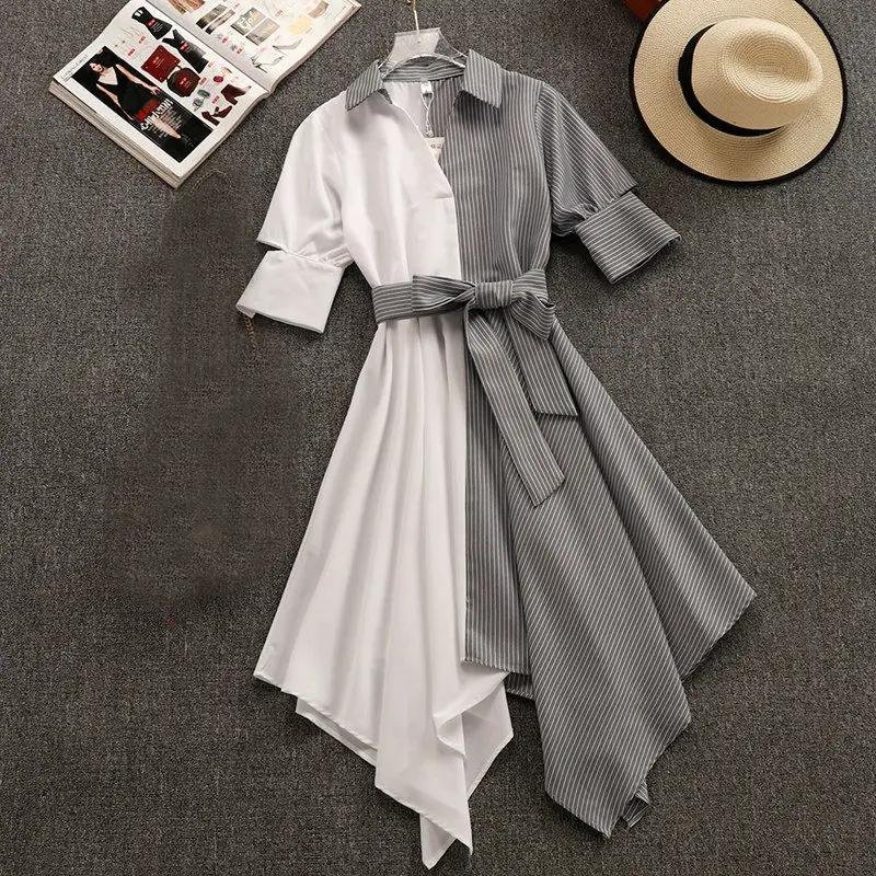 

TAOVK Chic Colorblock Patchwork Striped Short Sleeve Dress V Neck Sashes Irregular Hem Dresses
