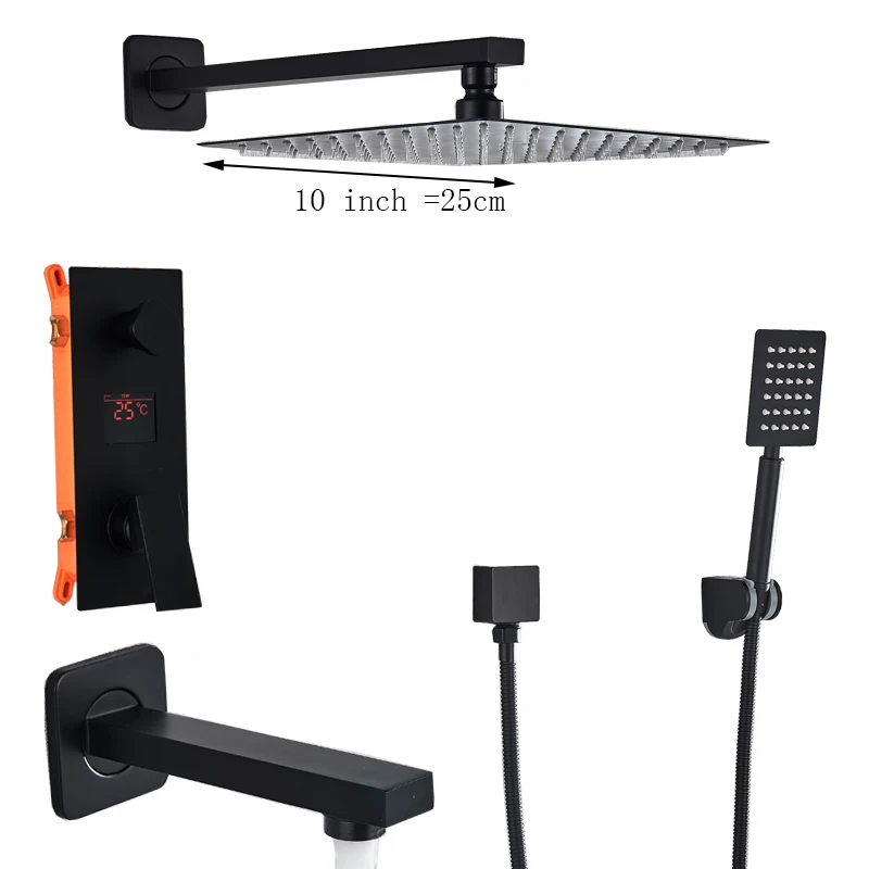 Matte Black Bathroom Shower 3-Functions Black Digital Shower Faucets Set Rainfall Shower Head 3-way Digital Display Mixer Tap - Цвет: 10 inch