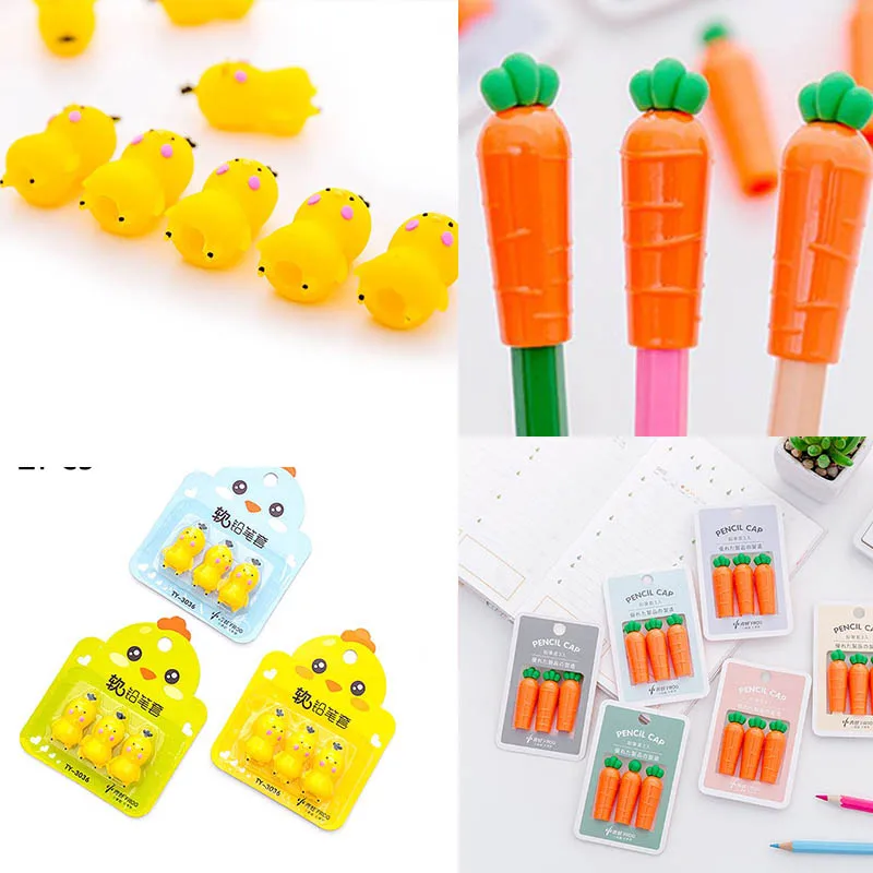 

3pcs/pack Creative Carrot Chick Pen Pencil Cap Sleeve Cover Extender Protector Office School Supplies Stationery