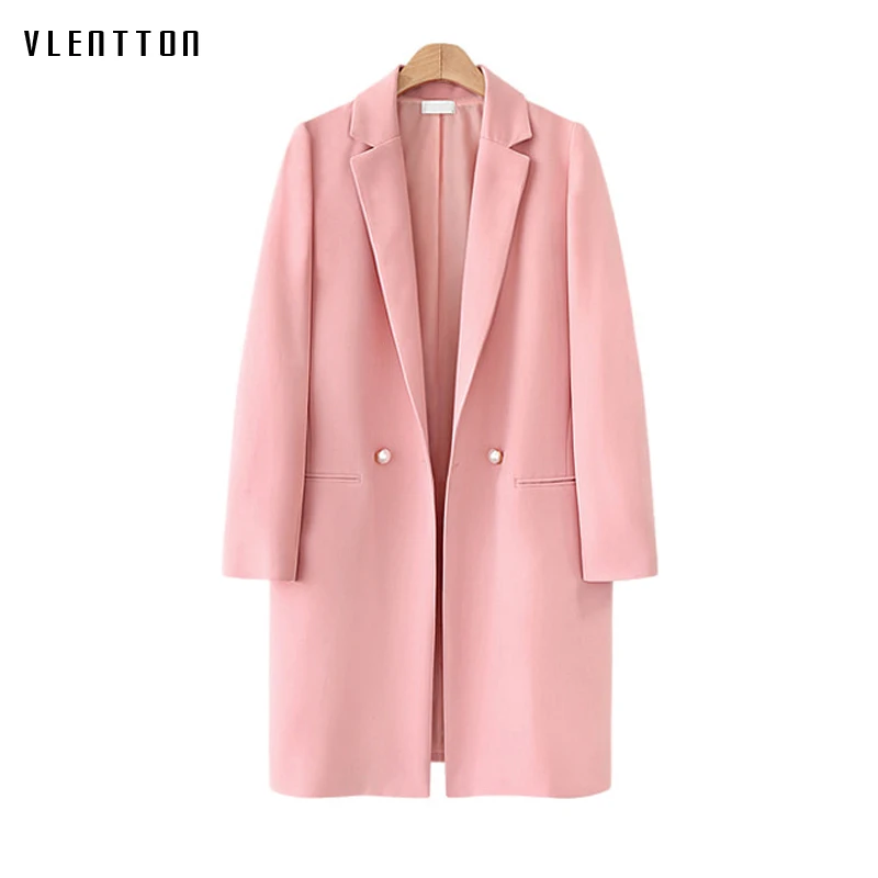 

2019 Spring Pink Long Blazer Women Notched Double Breasted Long Sleeve Office Suit Outwear Female Coat Jacket Blazer Feminino