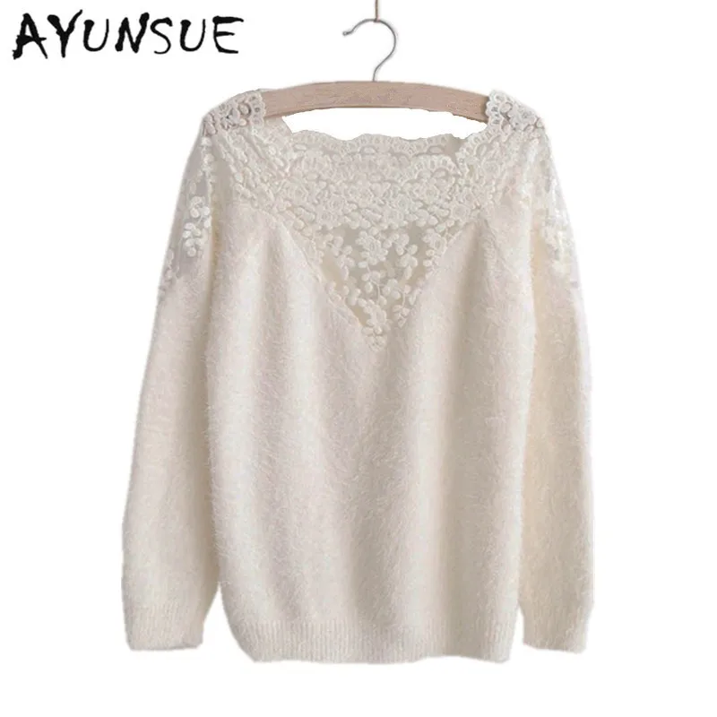 Femmes décontracté dentelle patchwork mohair tricoté pull