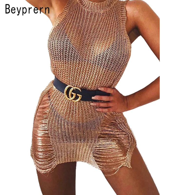 Women Gold Mesh Sleeveless Sheer Knit Maxi Dress Beach Bikini Cover Up Summer