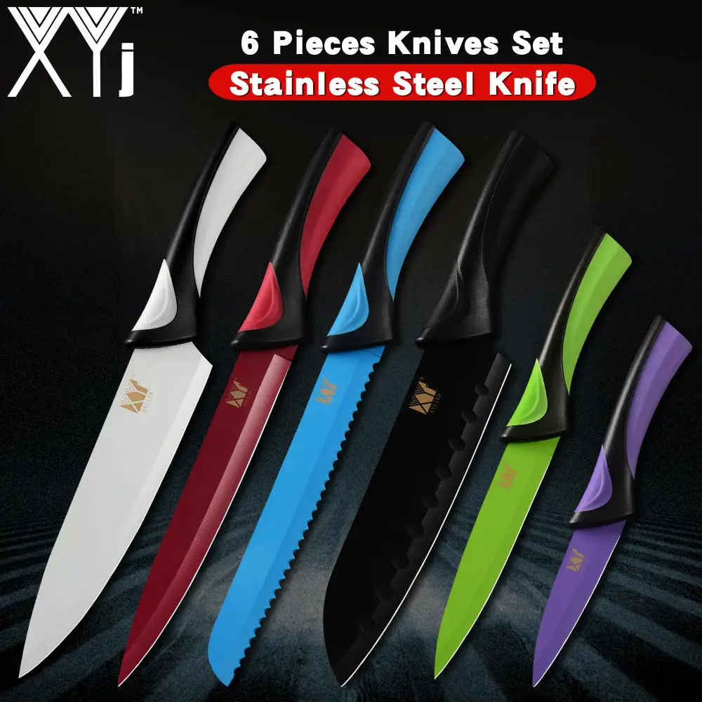 

XYj 6pcs Stainless Steel Knife Set Colorful Handle Sharp Blade 8'' Chef Bread Slicing 7'' Santoku 5'' Utility 3.5'' Paring Knife